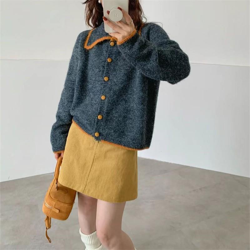 Womens Oversized Knit Cardigan With Contrast Collar Sweet Loose Fit Acrylic Sweater Jacket