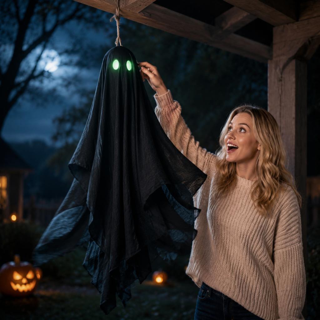 Halloween Hanging Ghost Decoration Glowing Eyes Fabric Ghost Prop 60x100cm Indoor Outdoor Halloween Party Decoration