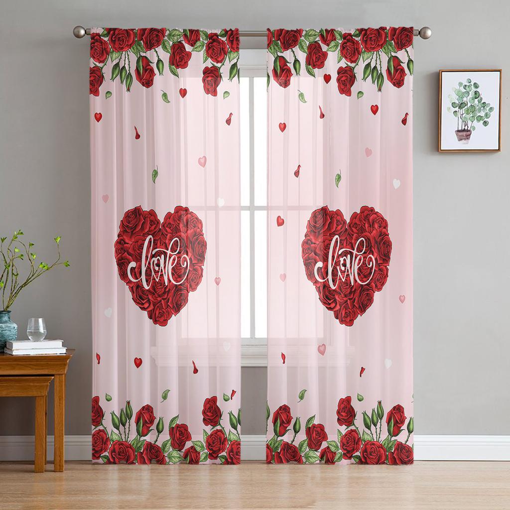 Pink Red White Rose Sheer Curtain for Living Room Voile for Window Blinds Bedroom Tulle Drape Kitchen Cortinas Hall Curtains
