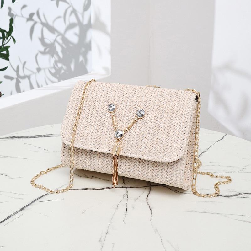 Women's bag summer new embroidered bag chain crossbody small square bag fringed pearl shoulder bag one piece