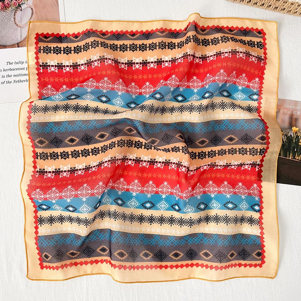 Summer new fashion multi-functional headscarf geometric printing cotton and linen small square scarf women's versatile decorative neck scarf