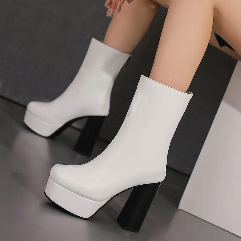 Fashion Platform Women Ankle Boots Bright Pu Leather Square High Heel Punk Boots Autumn Winter Shoes White Black Brown