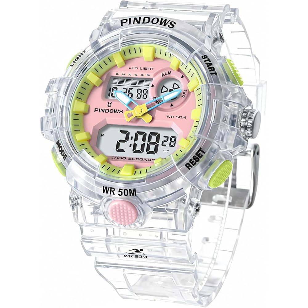 PINDOWS Women s Sports Watch LED Backlight Dual Time Display 50m Waterproof TPU Band