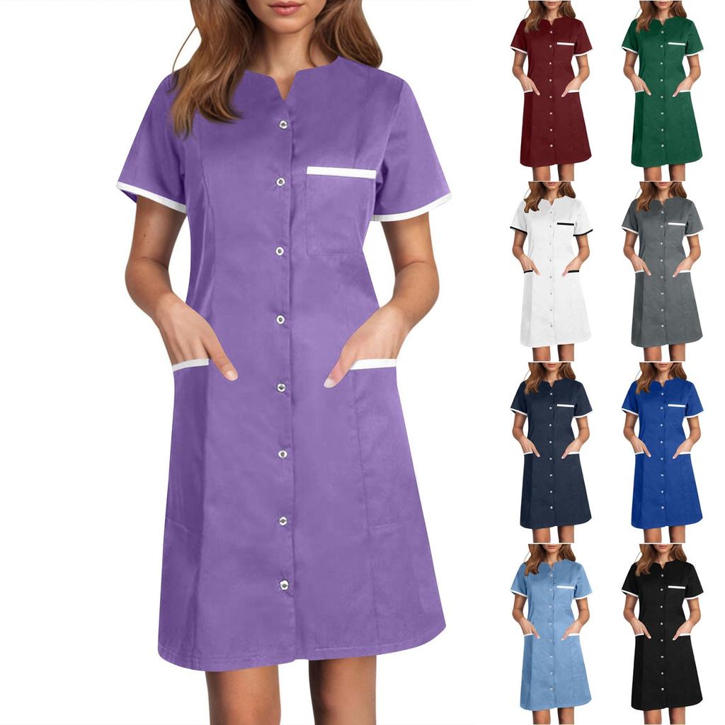 Women's Casual Workwear Solid Color V Neck Short Sleeved Button Pocket Loose Caregiver Dress