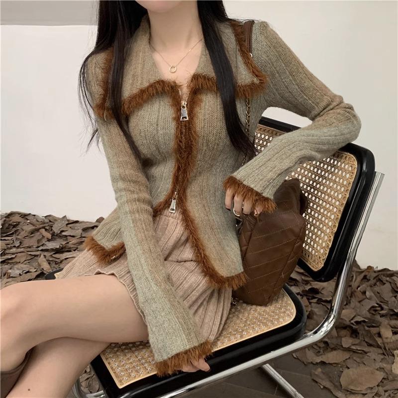 

Gradient Retro Zipper Cardigan - Women s Autumn/Winter Slim Knit Lapel Coat L