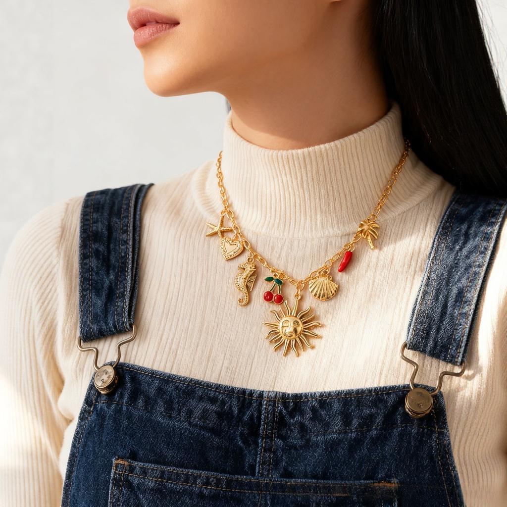 Holiday cherry chili oil drop pendant necklace, vintage ocean style collarbone necklace, European and American accessories