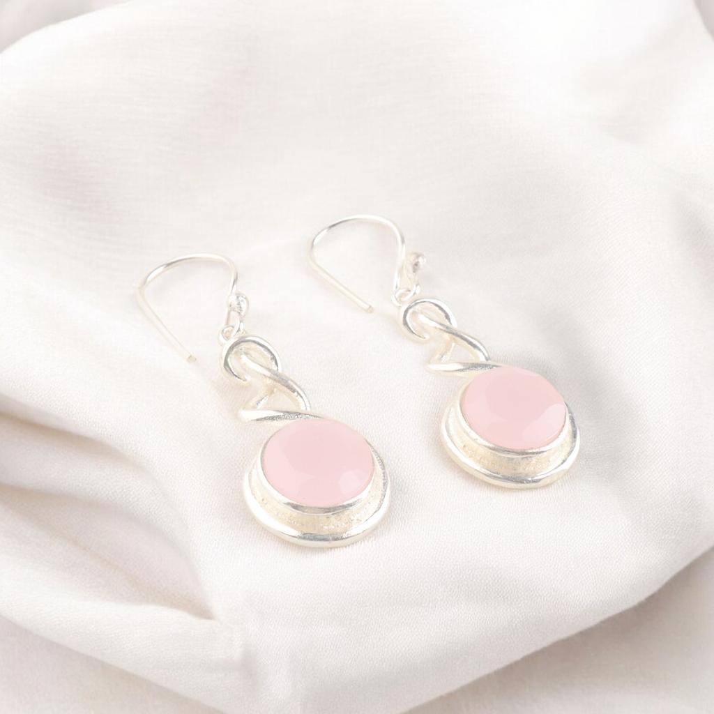 Natural Rose Chalcedony Gemstone 925 Stamped Silver Dangle Earrings, Gift ForHer CE-14-18