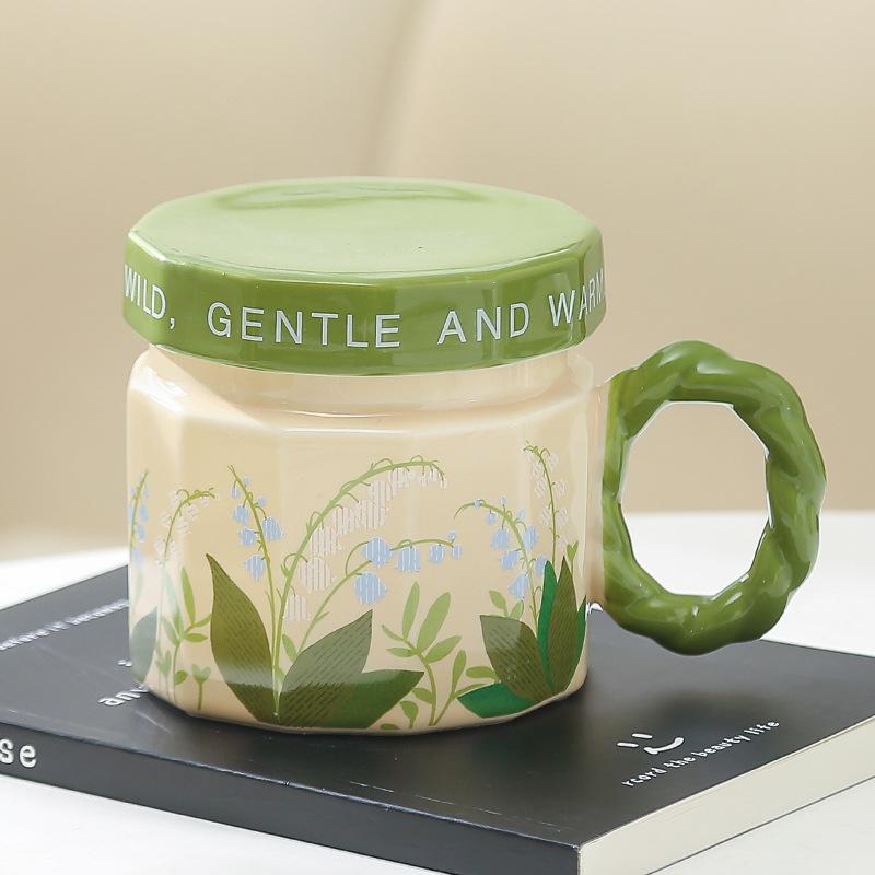 Flower Ceramic Mug with Lid High Value Water Cup Home Coffee Cup Office Birthday Gift Female Souvenir