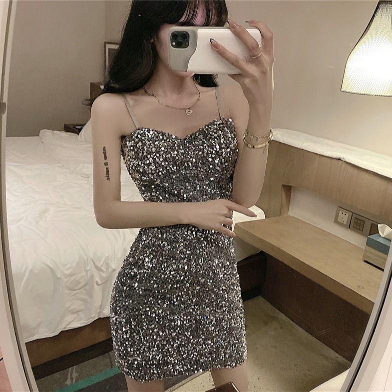 Women s Elegant Sequin Spaghetti Strap Bodycon Dress - Autumn 2026 Collection XL серебряный серый