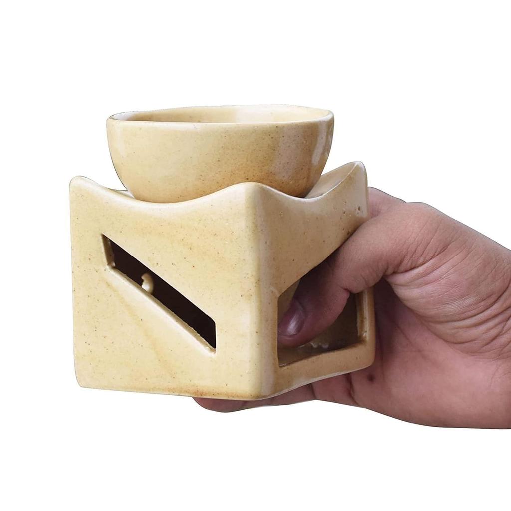 Ceramic Clay Candle Operated Aroma Burner Oil Diffuser, Extra Large Bowl, with 1 Tealight, 4 Inch, (Brown Dotted)