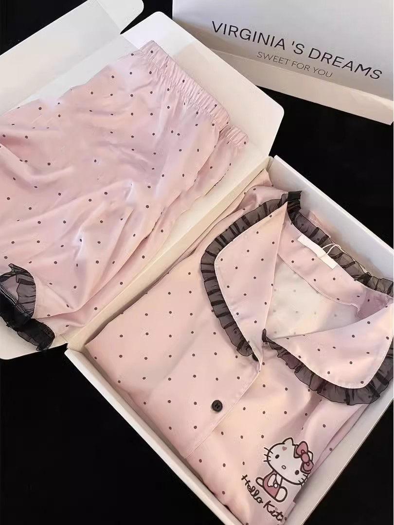 

Korean lace lace polka dot Hello Kitty pajamas women s summer short-sleeved shorts can be worn outside a two-piece loungewear S
