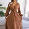Women Elegant V Neck Long Sleeve Pleated Maxi Dress