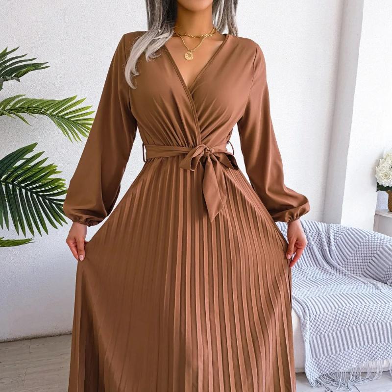Women Elegant V Neck Long Sleeve Pleated Maxi Dress