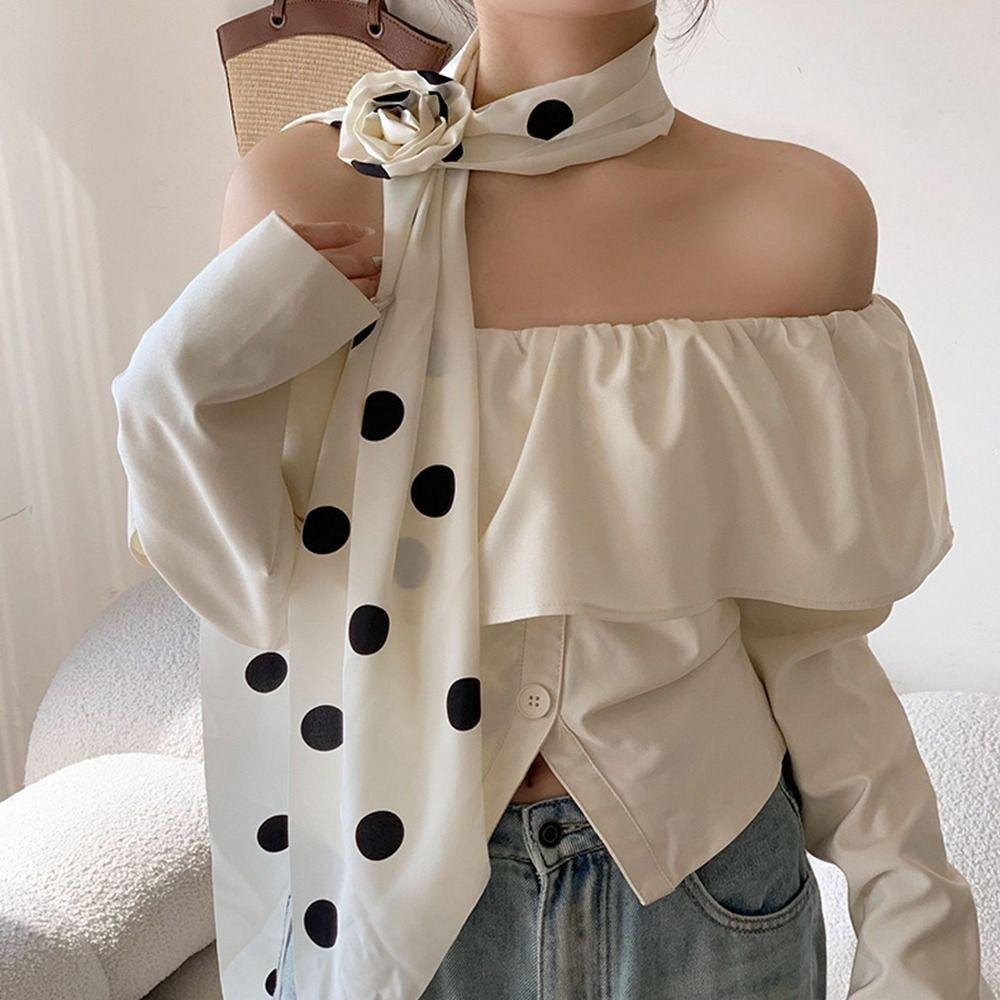 Cravat Rose Flower Scarf Wrap Polka Dot Scarves All-match Long Silk Scarf  Women