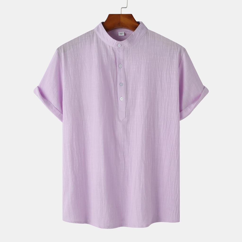 Summer 2024 Bestseller: Men's Solid Color Cotton Linen Stand Collar Short Sleeve Shirt - European & American Style