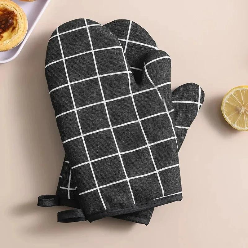 Heat-Resistant Microwave Oven Gloves High-Temp Insulated Kitchen Gloves Chevron Pattern Soft Fabric Wrist Straps Kitchen Tools