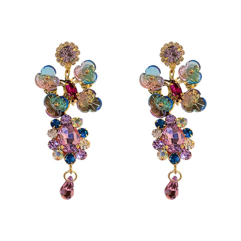 Silver Rhinestone Crystal Flower Asymmetric Earrings - Colorful Retro Court Style Studs for Women