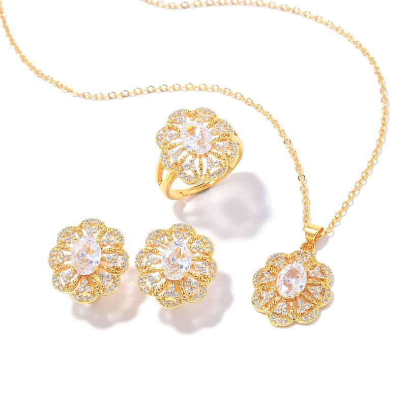 Zircon Set, Versatile Fashion Necklace Earring Set, Flower Set Jewelry.
