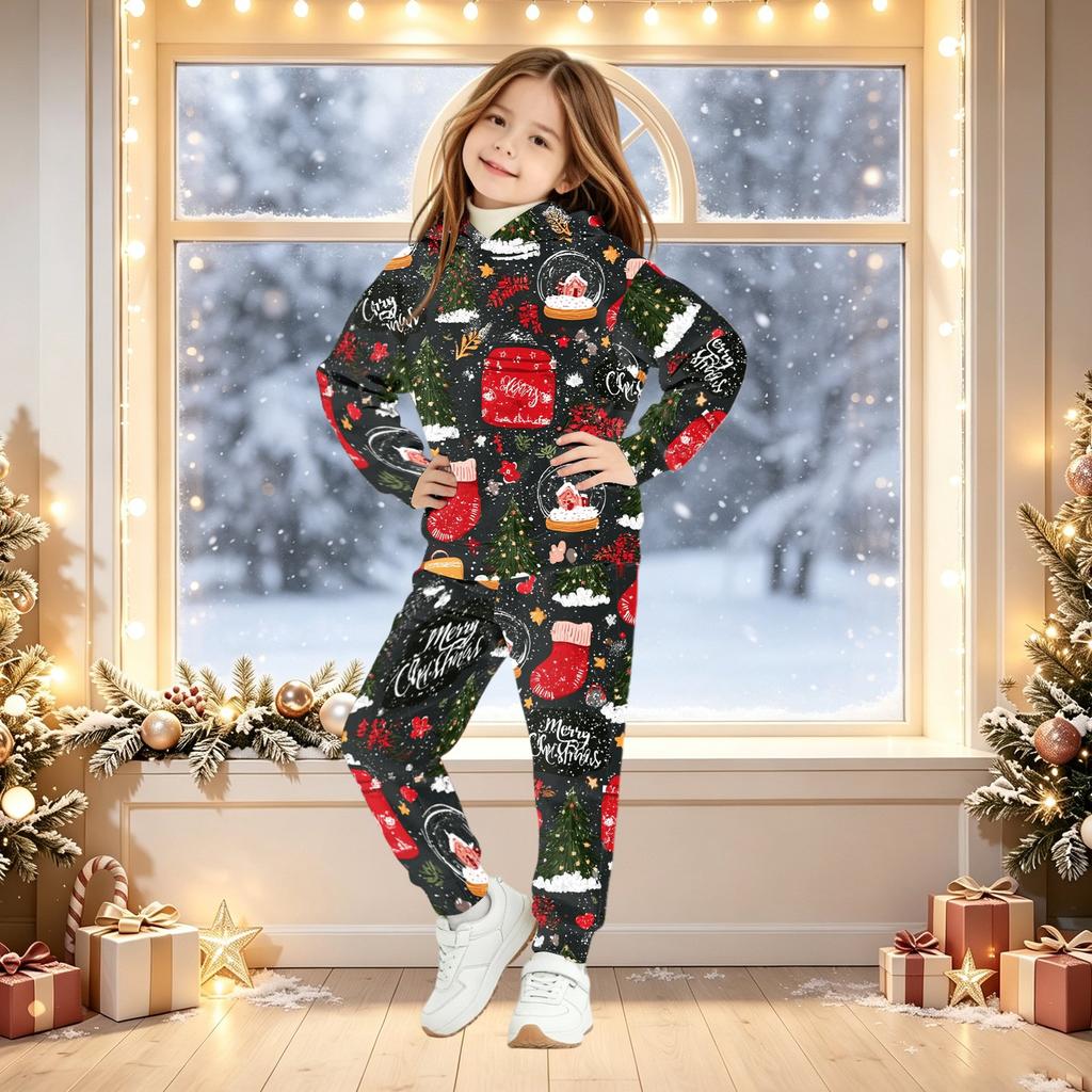 Kids Christmas Print Hooded Sweatshirt Set for Boys and Girls