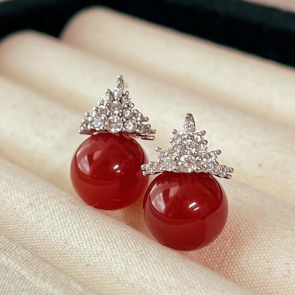 Retro New Year'S Red Positive Red Natural Ice-Through Glass Chalcedony Agate Ice Queen Stud Earrings
