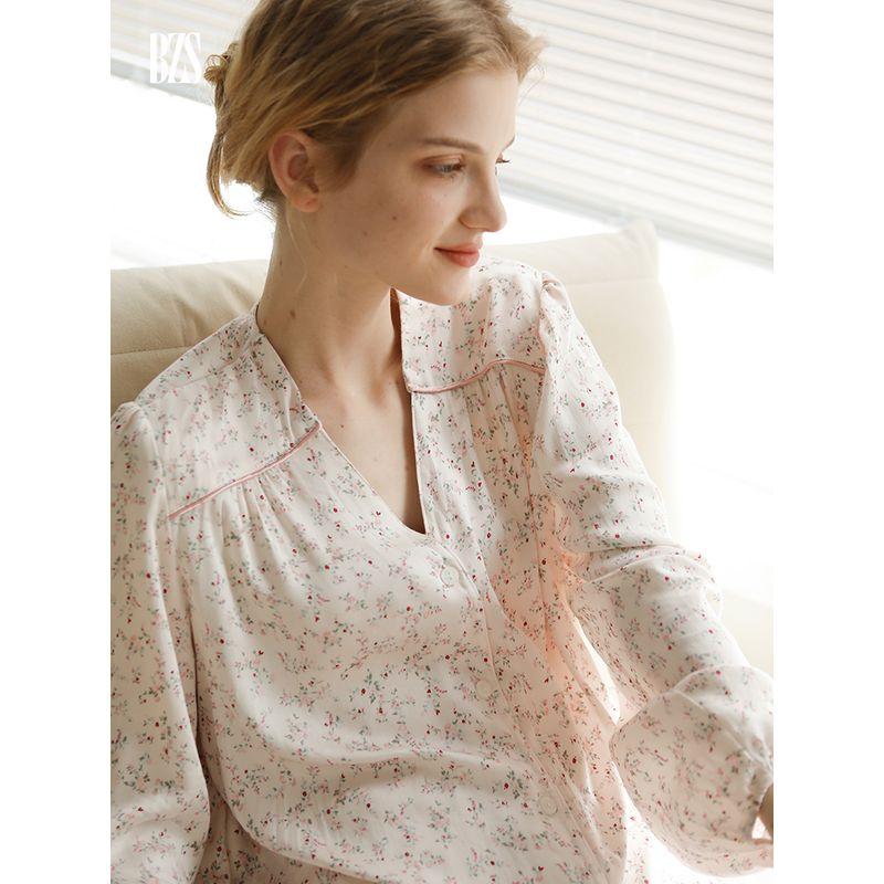 Satin Spring and Autumn Cardigan Cotton Silk Women's Thin Floral Pants Two-Piece Pajamas Long Sleeves V Neck Cotton Silk Home Wear