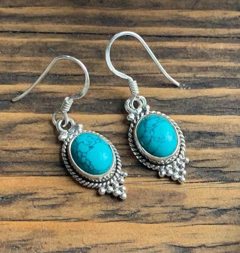 

Solid 925 Sterling Silver Synthetic Turquoise Oval Gemstone Handmade Boho Designer Earrings