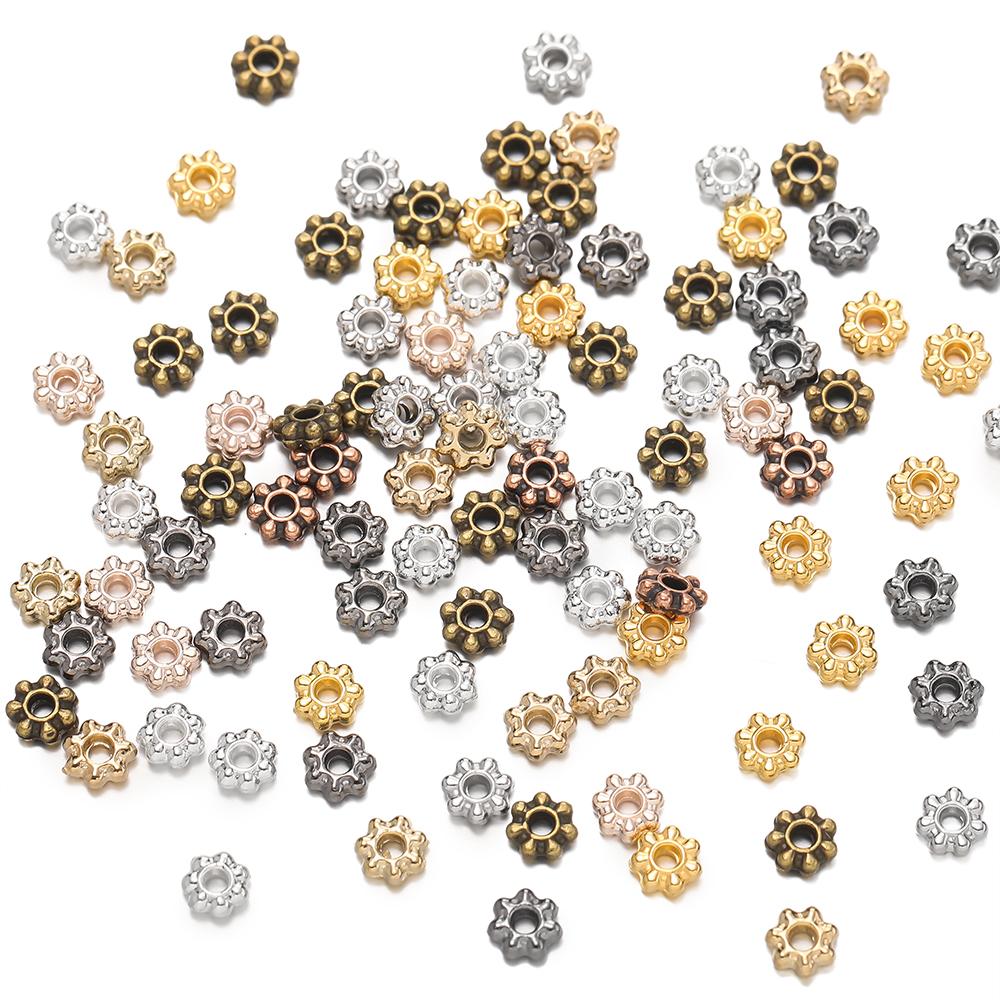 200 Stück 4/6mm Legierung Schneeflocken Perlen Blumen Abstandshalter Lose Perlen für DIY Armband Halskette Schmuckherstellung Zubehör Zubehör