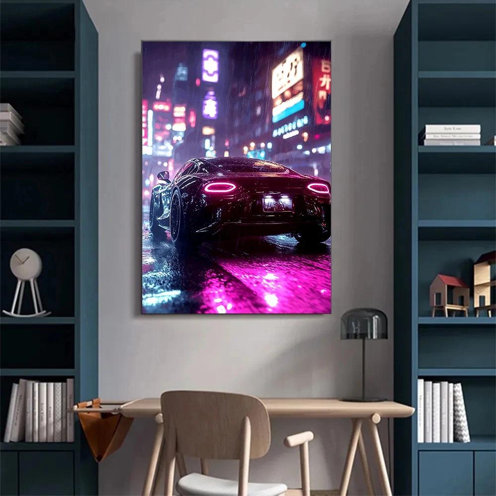 High Tech Super Car Poster Luxury Car LED Sports Races Neon Lit City Prints Canvas Painting Wall Picture Home Man's Room Decor