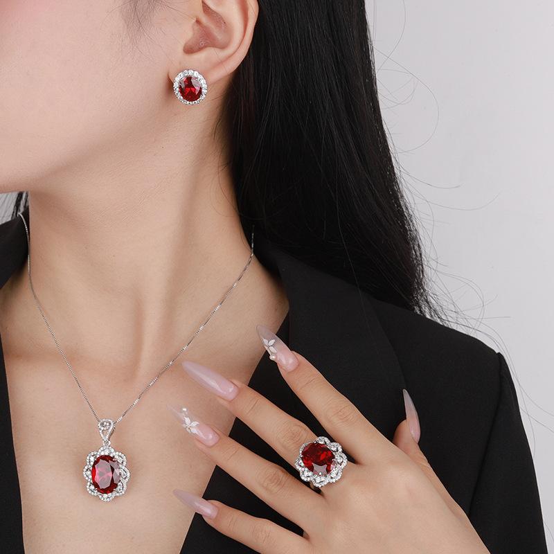 Jewelry Simulation Red Corundum Egg-Shaped Temperament Retro Set 13 * 18-10-12