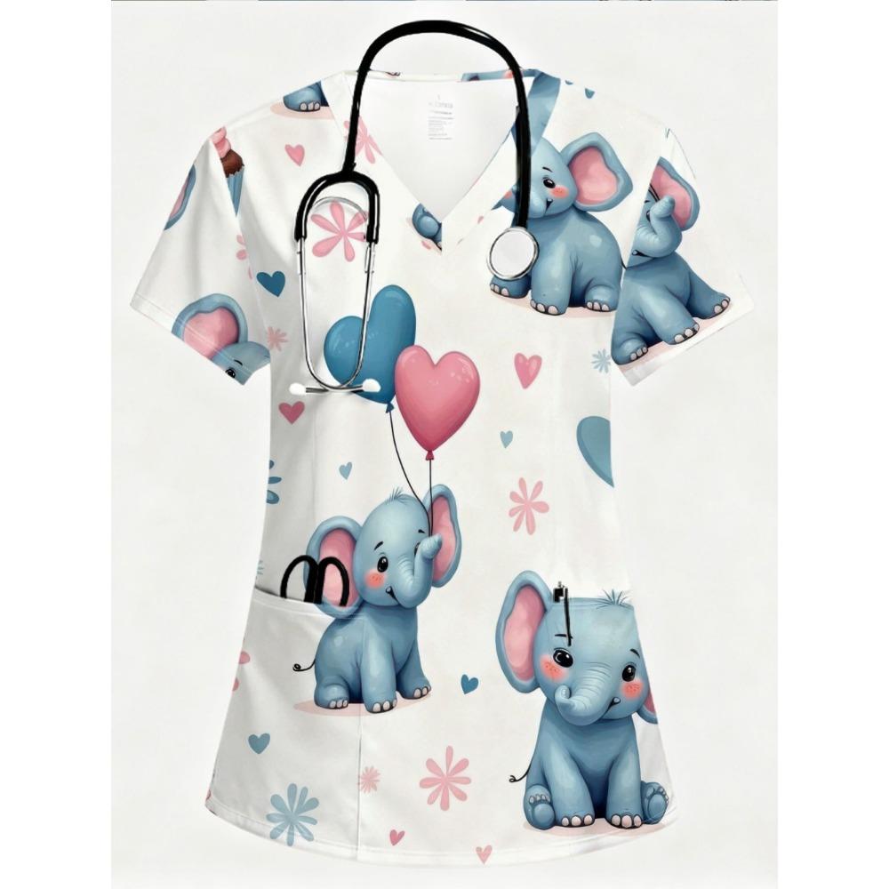 Casacca Medica da Donna Elegante Scollo a V Carini Motivi Animali Cartoni Animati Maniche Corte Comode con Tasche Casacca Donna