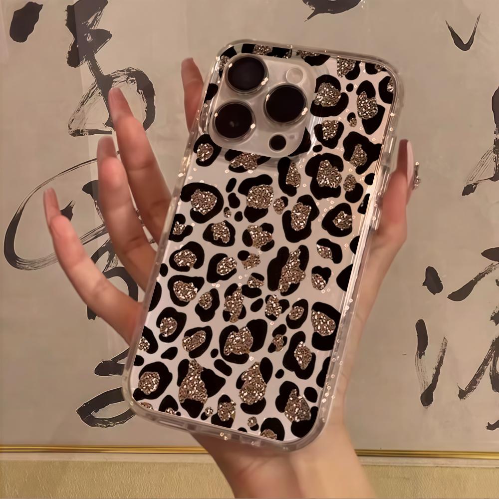 Fashion Leopard Print Silicone Bling Glitter Phone Case For iPhone 17 11 12 13 Plus 14 15 16 Pro Max Shockproof Clear Soft Cover
