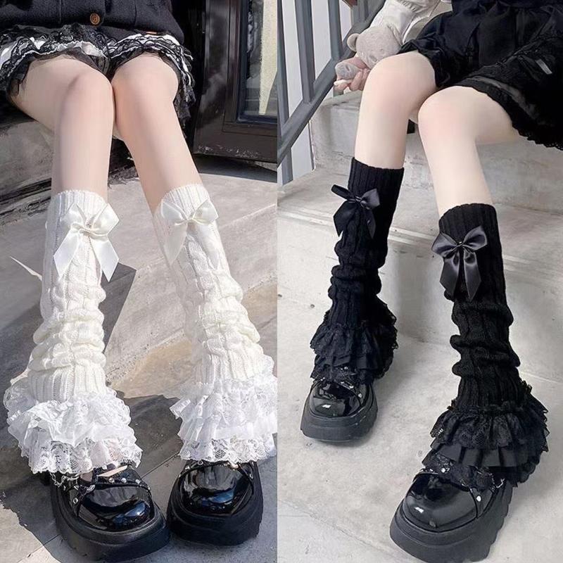 Lolita Leg Warmers For Women Ruffled Lace Kawaii Calf Leg Covers Jk Uniform Bowknot Knit Boot Cuffs Sweet Girls Gothic