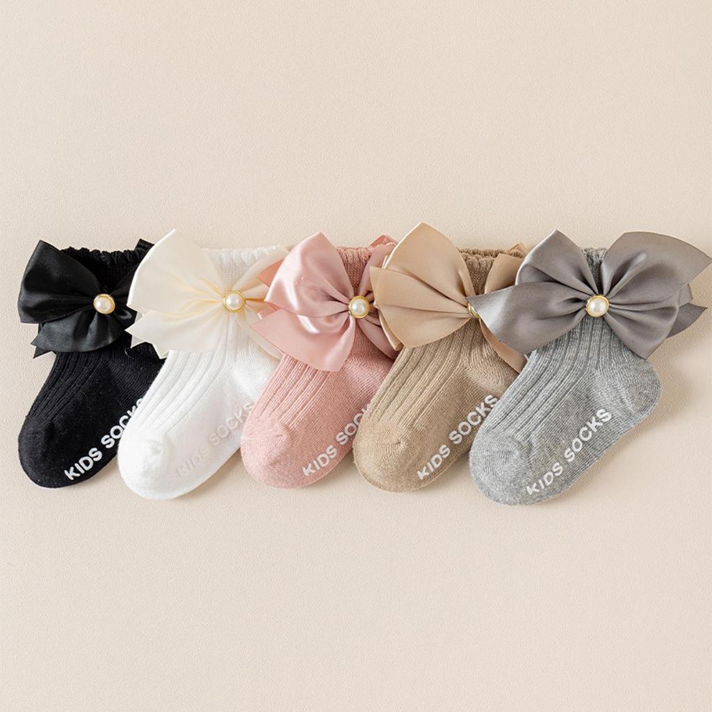 1-2Y Big Bow Princess Socks Simulated Pearl Bowknot Girl Middle Tube Sock Spring Summer Cotton Sock Baby Non-slip socks for Indoors