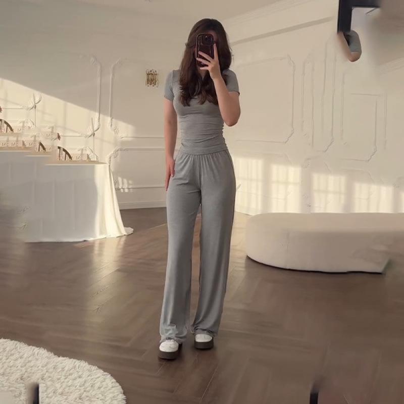 Casual Long Pants Suits Women O-neck Short Sleeve T-shirt Elastic Waist Trousers Set Spring Summer Solid Lady Household Clothes