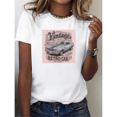 Damen Vintage Retro Auto T-Shirt - Kurzarm Rundhals Tee mit Auto, Lässige Freizeitkleidung für Alle Jahreszeiten, Geschenk für Autoenthusiasten