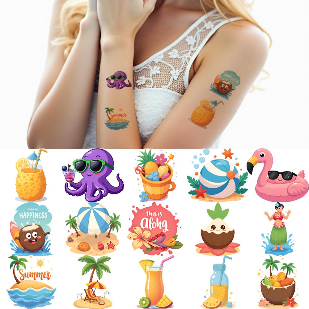 63pcs Temporary Tattoo Summer Icons Waterproof Long-lasting Body Stickers Hawaii Designs Temporary Tattoo Stickers For Arms
