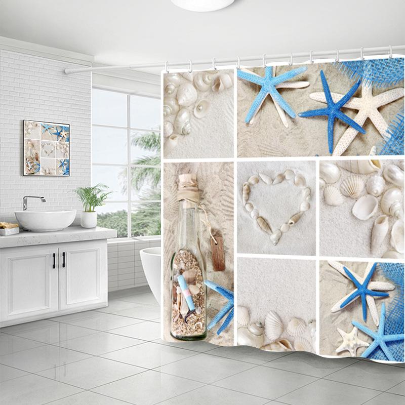 Shower Curtain Bathroom Fabric Non-Punching Beach Natural Scenery Digital Printing Shower Curtain With 12 Hooks