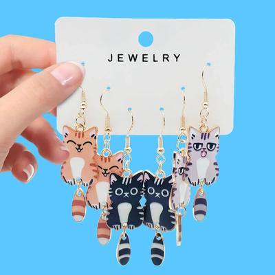 Lovely 3 Pairs/Set Enamel Fun and Cute Alloy Hanging Tail Cat Dangle Earrings Colored Cat Ear Jewelry Set Gift for Women Girls