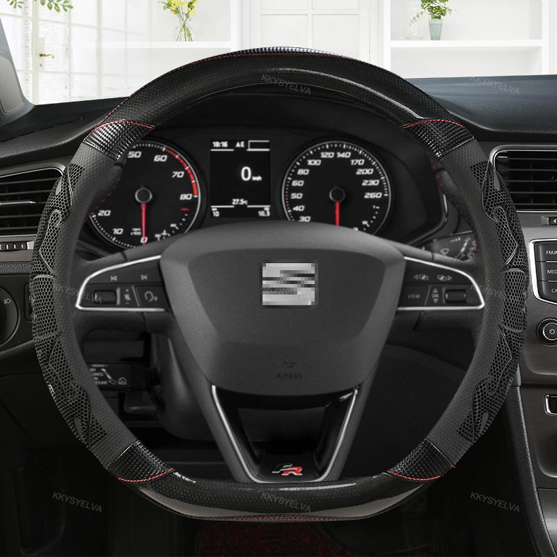 Husa Volan Auto Fibra De Carbon+Piele Antiderapante 38cm Pentru Seat Tarraco Arona Ateca Ibiza Toledo Mii Leon Arosa Exeo ST FR