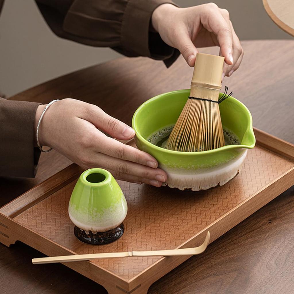 Matcha Tea Ceremony Japanese Tea Ceremony Tea Chashaku Matcha and Whisk 7-Piece Set, Utensils, Bowl, 100-Standing Chasen, (Tea Scoop), Powder, (Green)