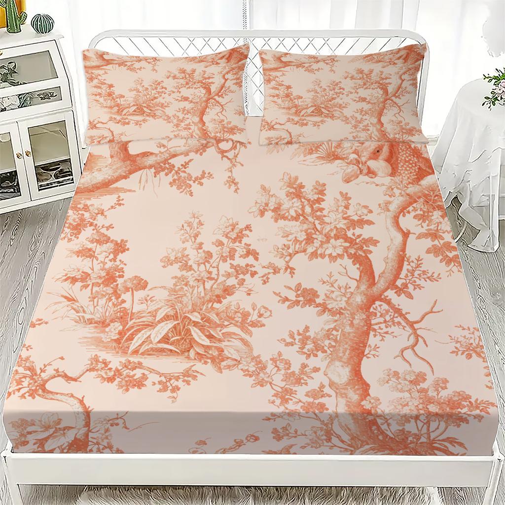 3pcs Pink Grey Fitted Sheet Set Fresh Style Rose Flora Print 100% Polyester Soft Bedding Set for Home Decor with 2 Pillowcases