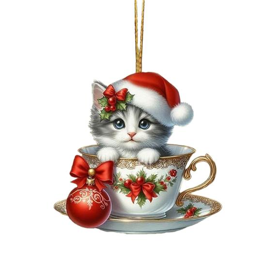 Acrylic Teacup Cat Hanging Ornaments Cute Cartoon Cat Christmas Ornament 2D Flat Car Mirror Charm for Christmas Tree Decoration KTY
