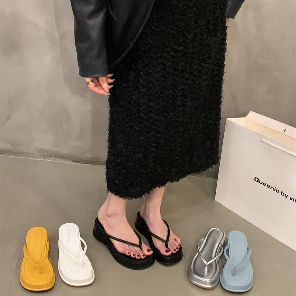 Wedge Heel Heightened Pinch Flip-flops Fairy Shoes 2025 New Summer Outer Wear Holiday Thick-soled Sandals