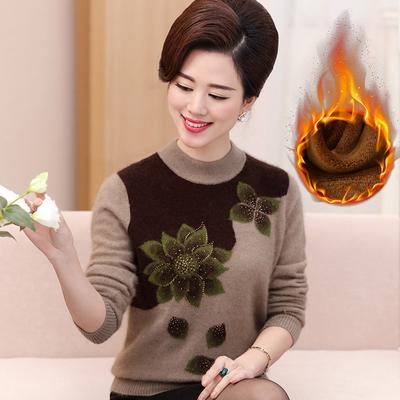 Middle-aged and Elderly Sweaters Autumn and Winter Women's Plus Velvet Thick Knit Sweater Plus Size Mother Wear Loose  Bottoming Shirt Top