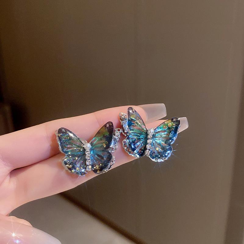 Silver Needle Sweet Flower Butterfly Pearl Tassel Earrings Trend Stud Earrings Temperament Earrings Women