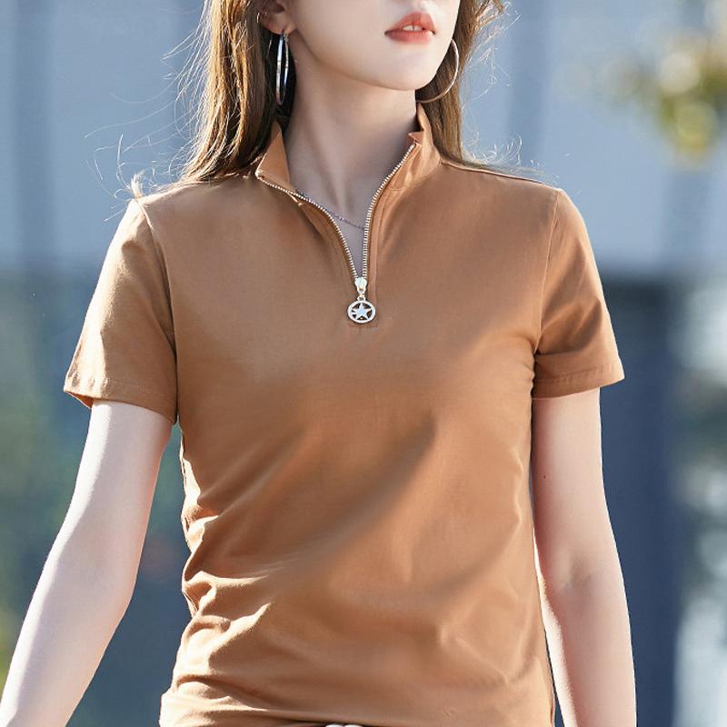 Women's Summer New Style T-shirt Women's Short-sleeved Stand-up Collar Slim Slimming Pullover Base Solid Color Korean Casual Simple