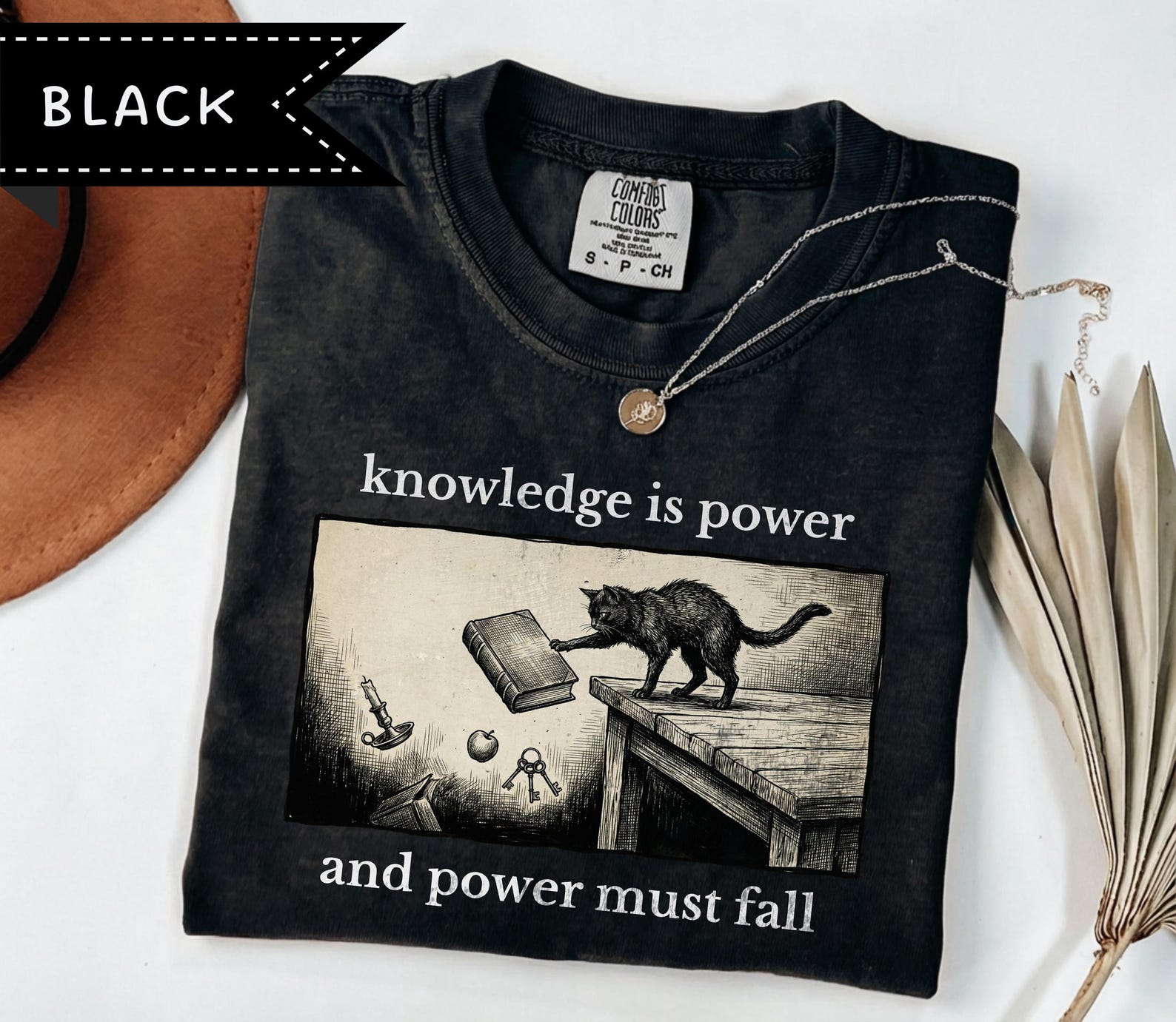 Knowledge is power and power must fall Black Cat shirt, Cat Dad t shirt, Gothic Punk shirt S