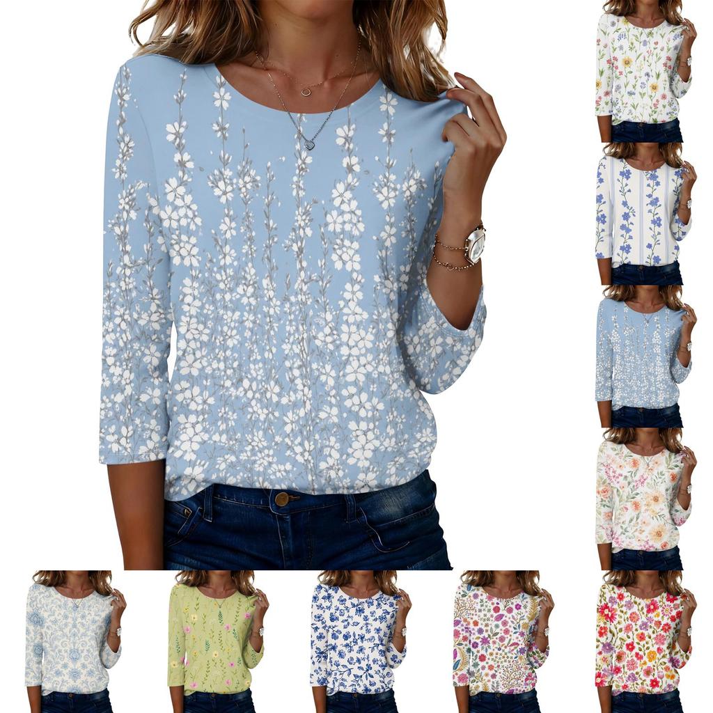 Top da donna casual alla moda a maniche a tre quarti con stampa floreale e girocollo