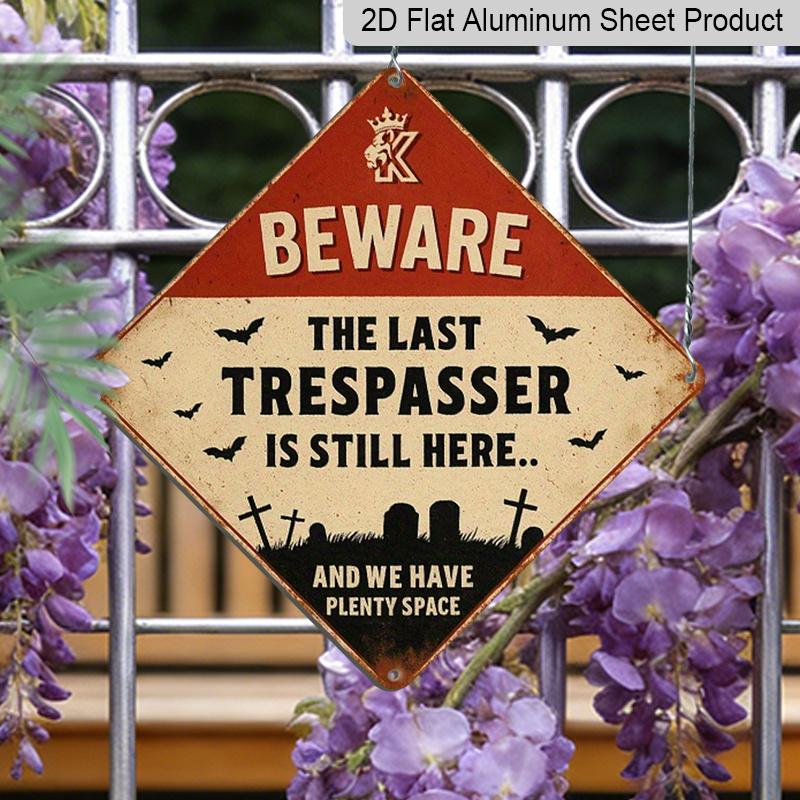 

2D Flat, 1pc Aluminum Metal Sign - Vintage Halloween Beware of Last Intruder Spooky Wall Decor with Ghosts, Bats & Tombstones - Outdoor Yard, Porch 20*20cm