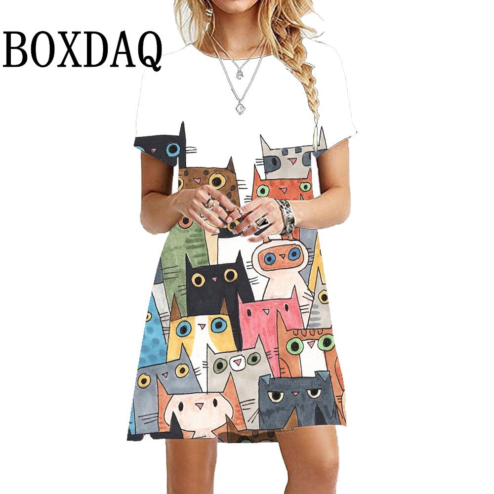 Caton Cute Cat 3D Printed Girl Dress Summer Feminine Kawaii Elegant Cat Casual Dress